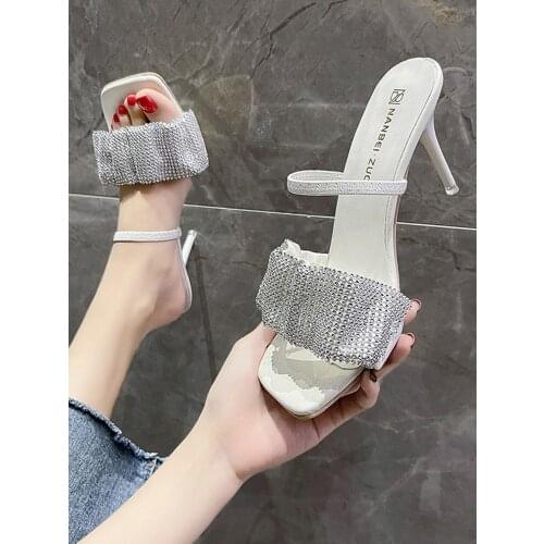 Elegant 9CM stiletto slippers women 2021 new summer rhinestone party shoes