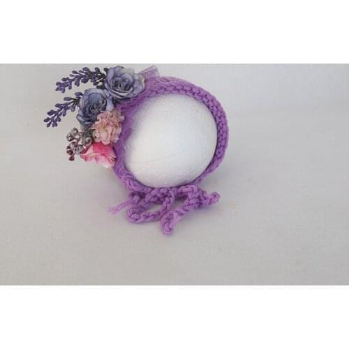 Purple Floral Bonnet New Born Photography Props Knit Baby Cotton Flower Hat Photo Shoot Handknitted Ctue Hat Props