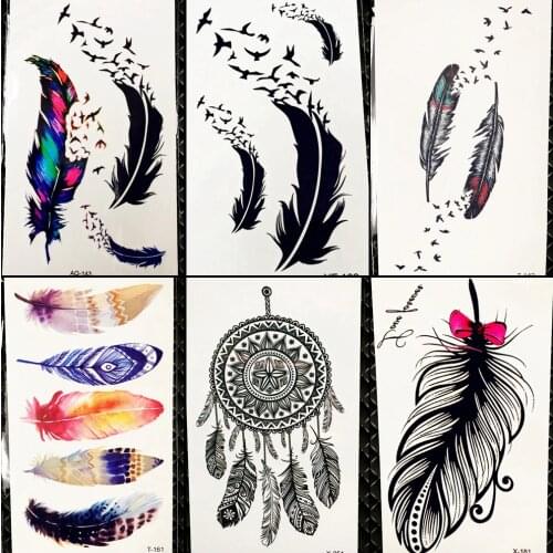 Hot Sale Black Feather Temporary Tattoo Women Makeup Arm Fake Tatoos Stickers Birds Water Transfer Dreamcatcher Tattoo DIY Girl