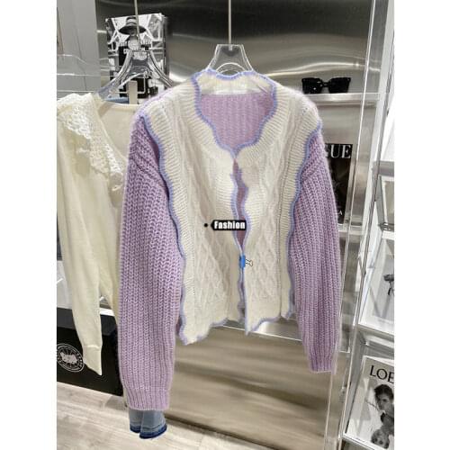 Korobov 2021 Autumn New Hit Color Patchwork Sweaters Korean Elegant V Neck Cardigans Japanese Style Sweet Chic Cardigan