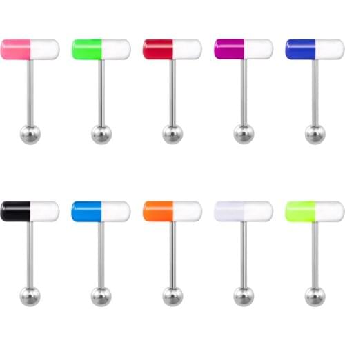10pcs Acrylic Tongue Piercing Rings Capsule Pill Stud Barbell Tongue Ring Bar Surgical Steel Unisex Punk Women Body Jewelry 14G