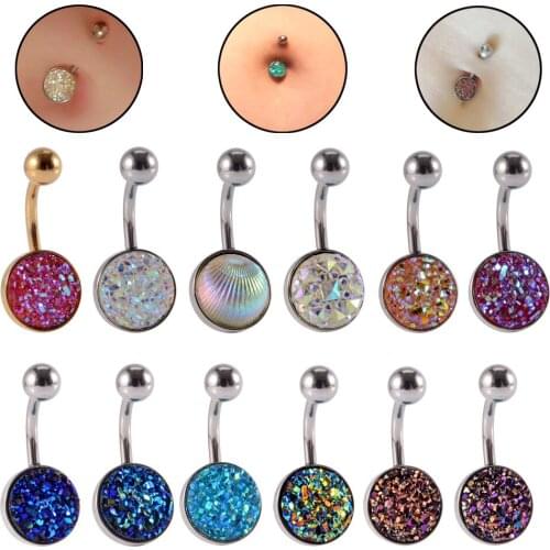 12PCS/Lot 361L Surgical Steel Ore Flakes Belly Button Ring Crystal Piercing Navel Ring Fashion Body Piercing Jewelry 14g