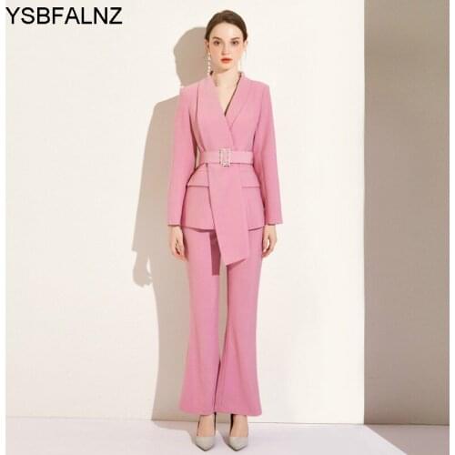 2 Piece Set Women 2021 Suit Womens Banquet Long Sleeve Notched Sashes With Belt Slim Irregular Office Lady New Autumn Fashion