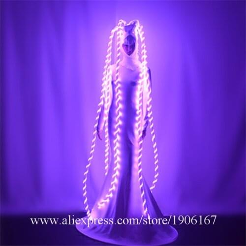 Colorful Led Luminous Long Hair Led Flashing Growing Long Wigs Cosplay Clothes Ballroom Dance DJ Costumes Halloween Led Clothes
