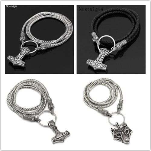 Men Norse Viking Amulet Ravens Of Large Thor Hammer Mjolnir Odin face bear head Amulet Pendant Necklace Leather chain Dropship