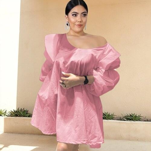 Plus Size Dresses Women Off Shoulder Long Lantern Sleeves Cutton Loose Mini Shirt Dresses for Ladies Office Casual Gowns