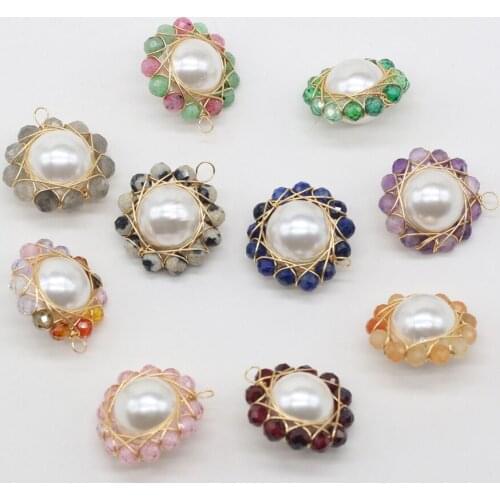 Natural Stone Shell Bead Pendants Sunflower Shape Spinels Agates Garnet Amethysts Stone Charms for Jewelry Making Women Necklace