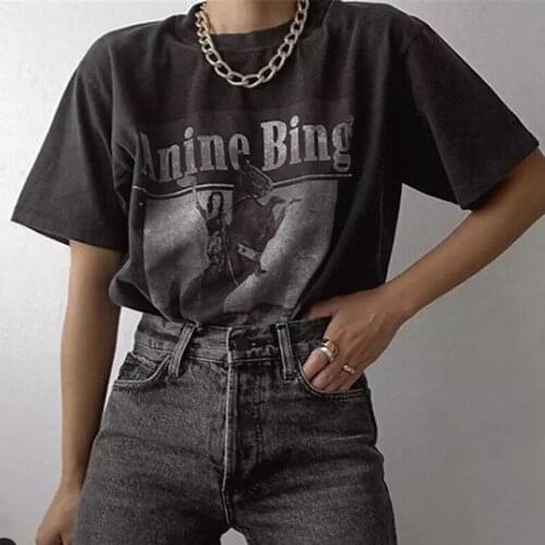 Retro Brushed Old Printed T-shirt Blouse Girl and Horse Print Round Neck Short-sleeved Tee Bohemia