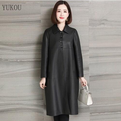 European Style Women Coats 2019 Fashion 100% Sheepskin Genuine Leather Long Real Sheepskin Windcoat Female