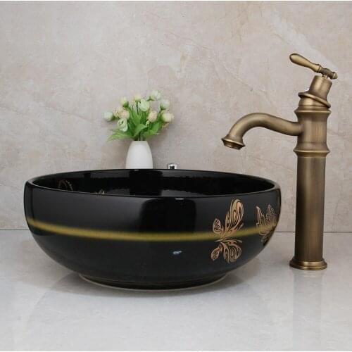 YANKSMART Bathroom Cabinet Ceramics Basin Deck Mount Antique Brass Faucet Hand Painting Sink Spray Tap & Pop-up Drain Mixer Tap