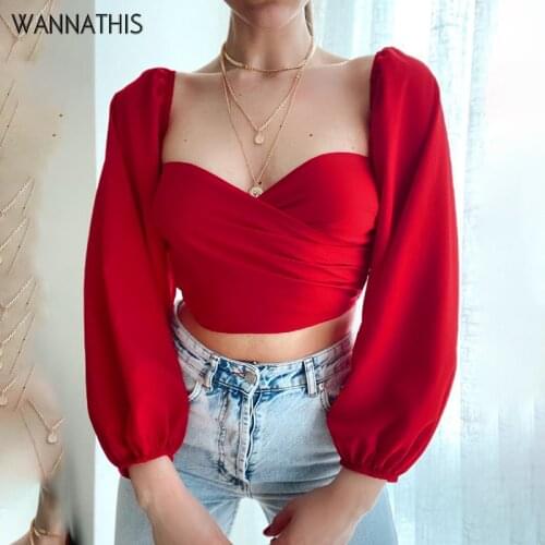 Wannathis Puff Sleeve Womens Shirt Square Collar Front Skinny Lace Up Cropped Stretchy Chic Fashion Elegant Solid Tops 2021 New