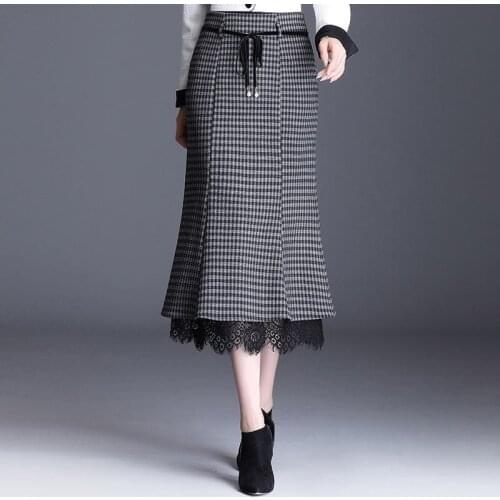 Elegant Vintage Plaid Skirts Womens Lace Patchwork High Waist Mermaid Skirt Female Slim Office Clothes Lacintg Midi Skirt
