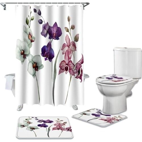 Colorful Orchid Flower Plant Art Durable Waterproof Shower Curtain Set Bathroom Rugs Carpet Toilet Seat Cover Pad Floor Mat