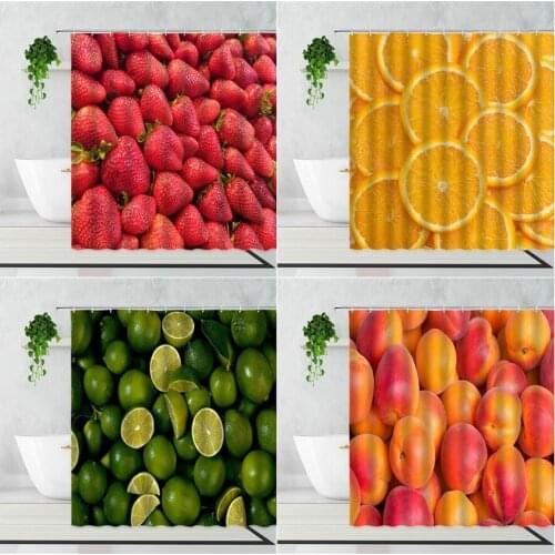 Strawberry Shower Curtain Tropical Fruit Orange Lemon Peach Restaurant Decor Background Waterproof Bath Curtains Fabric Washable
