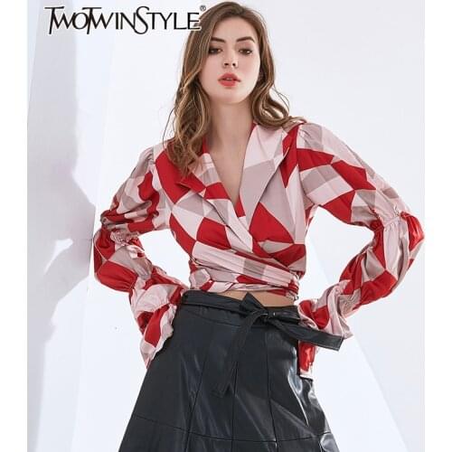 TWOTWINSTYLE Print Shirts For Women Lapel Puff Long Sleeve Hit Color Lace Up Designer Short Blouses Female 2020 Autumn Clothing