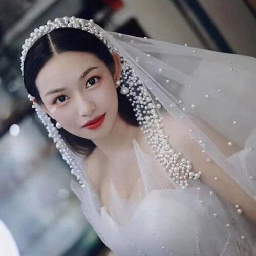 Pearl veil bridal headgear super fairy Sen series main wedding wedding hijab long tail gloves