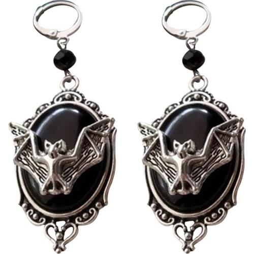 Vintage Bat Cameo Oval Dangle Huggie Earrings Women Halloween Party Jewelry Gift