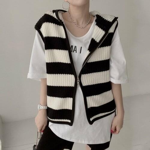 ZCSMLL Hooded Contrast Color Striped Tanks Back Letter Printing Double Zipper Loose Knit Striped Vest Women Korean spring tops
