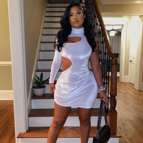Women Spring One Shoulder Shiny Velvet Dress Hollow Out Short Mini Party Dress Night Club Turtleneck Long Sleeve Skinny Dress