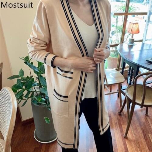 2020 Autumn Korean Vintage Knitted Long Cardigans Women Full Sleeve V-neck Pockets Sweaters Elegant Fashion Ladies Tops Femme