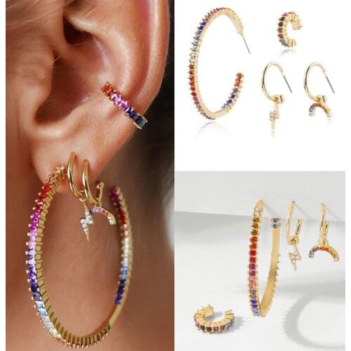 4Pcs/Set Trendy Sparkling Rainbow AAA Baguette CZ Cubic Zirconia Rhinestone Crystal Circle Hoop Earrings Set for Women Bridal