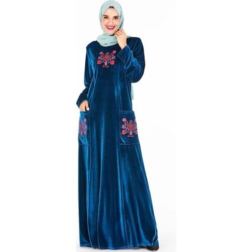 Dubai Kaftan Velvet Muslim Dress Women Kimono Jubah Robe Abaya Hijab Dresses Islamic Clothing Turkey Arabic Dress with Pockets
