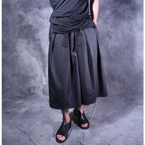 Summer vintage punk wide leg pants mens personalized drawstring culottes male loose harem pants men trousers pantalon homme