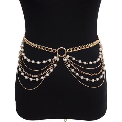 Womens Artificial Pearl Metal Waist Chain Luxury Banquet Dress Chains Gold Color Multi-layer Decorative Chains Waist Chain