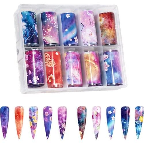 4*100cm 10 Rolls/Box Nail Decoration Stickers Transfer Foil Geometric Style Irregular Shape/Starry Sky/Lace/Flowers Patterns