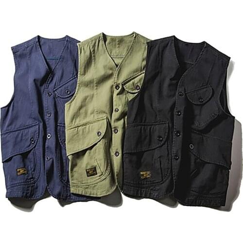 Trendy multi-pocket tooling vest mens short retro casual vest jacket jacket cotton sports