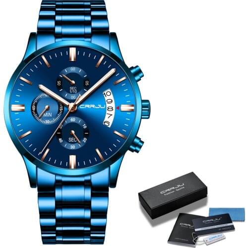 Mens Watch CRRJU Stainless Steel Wrist Watch for Men Fashion Luxury waterproof Date Blue Quartz watches relogio masculino