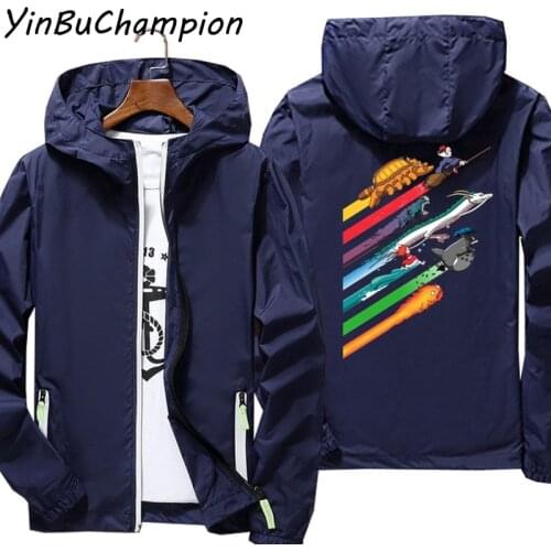 Mens Spirited Away Ponyo My Neighbor Totoro Catbus Kikis Studio Ghibli Hayao Miyazaki Anime Jacket Thin Windbreaker Coat Hooded