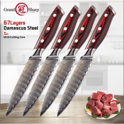 Grandsharp Steak Knife Sets 4 Pcs Damascus Kitchen Knives 67 Layers vg10 Japanese Damascus Steel Utility Fruit Knives Gift Box