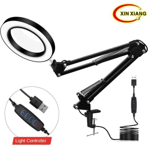 10 Times 160Mm Three-Color Led Desk Lamp Desktop Clip-On Glass Magnifying Glass Reading Beauty Tattoo Embroidery Repair