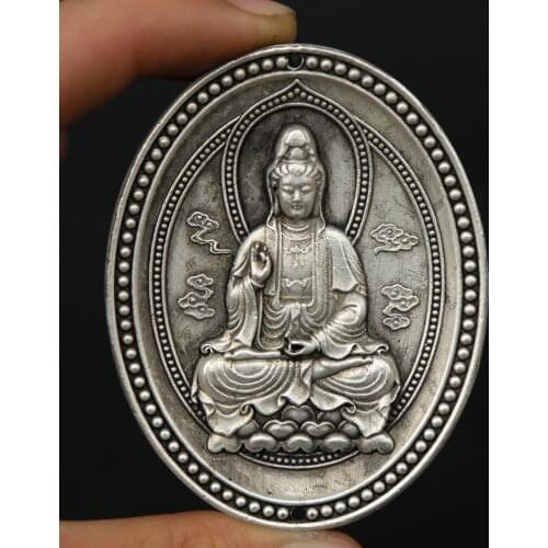 65MM/2.6" Collection Chinese Argentan Exquisite Buddhism Avalokitesvara Guanyin Kwan-yin Amulet Pendant Statue Statuary 77g