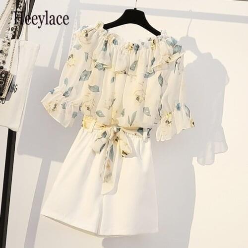Plus size women elegant two pieces set Summer slash neck off shoulder floral print chiffon blouse and high waist shorts sets