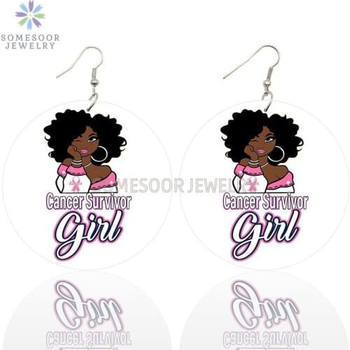 SOMESOOR Cancer Survivor Girl Afro Wooden Drop Earrings Black Curly Natural Hair Art Printed Loops Dangle Jewelry For Women Gift