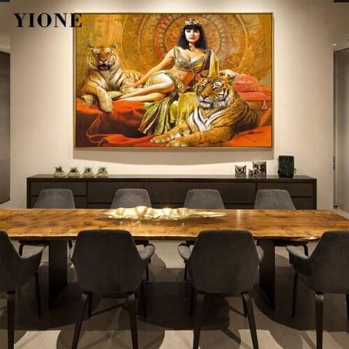 Vintage Sexy Woman with Tiger Canvas Painting Ethnic Animal Beauty Beast Wall Poster Art Picture Prints Home Decor Living Room