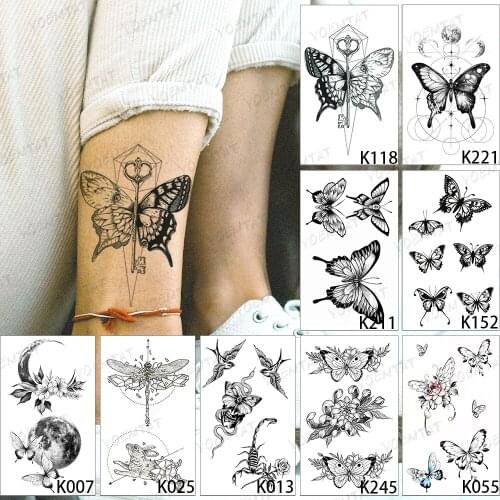 9pcs/Lot Waterproof Temporary Tattoo Sticker Dark Butterfly Snake Geometric Line Flash Tatoo Woman Ankle Body Art Fake Tatto Man