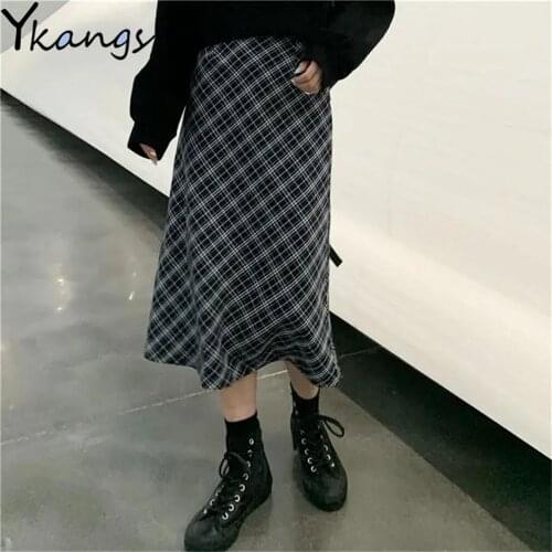 Gothic Plaid Vintage A-Line Skirt Women High Waist Autumn Winter Skirt Korean Fashion Casual Wild Daily Midi Saia Streetwear