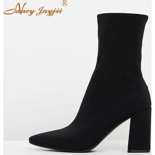 Stretch Fabric Women Adult Boots Ladies Shoes Ankle Slip-on Pointed Toe Super High Square heels Mature Concise Nancyjayjii 2019