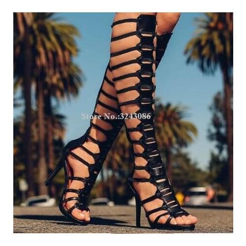 Woman Black Leather Knee High Sandals Boots Fashion Hollow Out Stiletto Heel Sandals Long Boots Lady Sexy Banquet Shoes Dropship