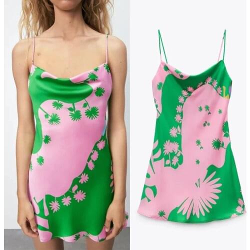 Za Dress Women Satin Slip Dress Woman Green Print Backless Summer Dresses 2021 Pink Strap Mini Beach Ladies Dresses