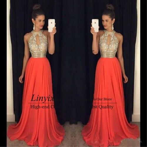 Cheap Orange Long Prom Dresses 2021 Halter Neck Sleeveless Court Train Formal Evening Dress Sexy A Line Chiffon robes de soirée