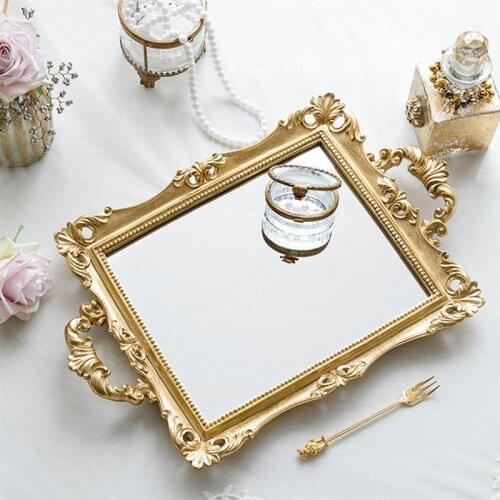 1PC Vintage Carved Mirror Tray Wedding Dessert Table Storage Adornment Kitchen Food Storage Tray Holder (Golden)