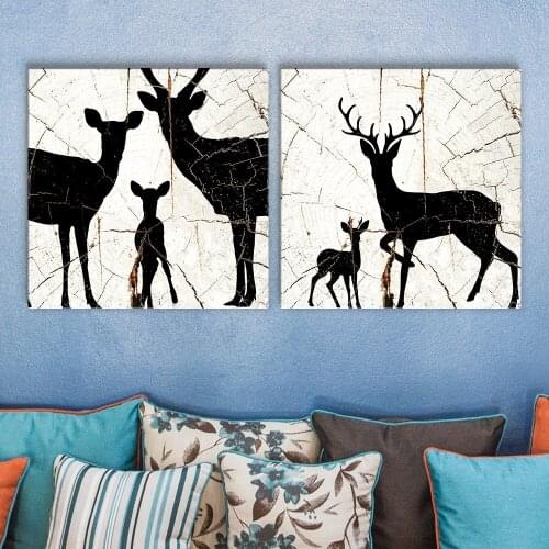2 Panel Square Canvas Wall Art - Deer Silhouette Wood Effect Canvas Print on Canvas Ready to Hang Drop shipping
