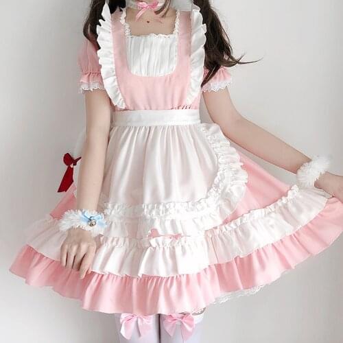 2021 Summer Sweet Lolita OP Maid Dress Pink Soft Girl Women Princess Dresses Kawaii Cosplay Costume Loli