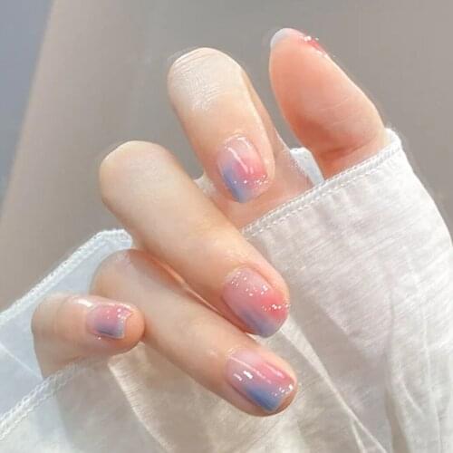 24pcs Short Fake Pink Smudges Nails Patch Glue Type Removable Short Paragraph Manicure Save Time Nail patch NE