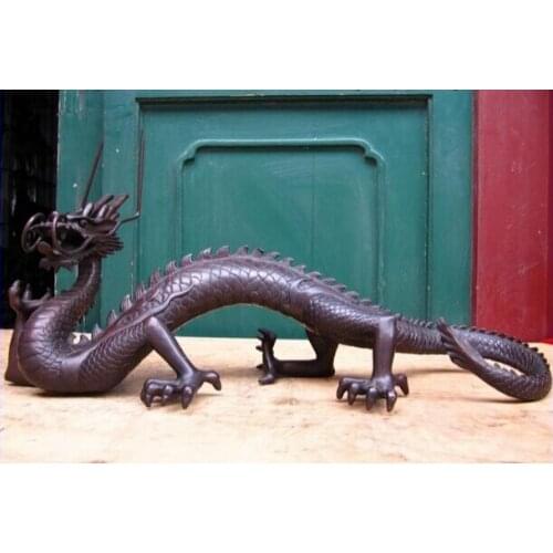 Free Shipping 28cm Chinese Vintage 100% Pure Copper Bronze Carved Lucky Dragon Statue