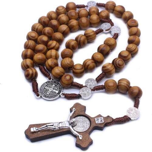 Wooden Rosary Beads Catholic Jesus Cross With Wooden Bead Carved Rosary Pendant Long Collier Statement Necklace Men Jewelry
